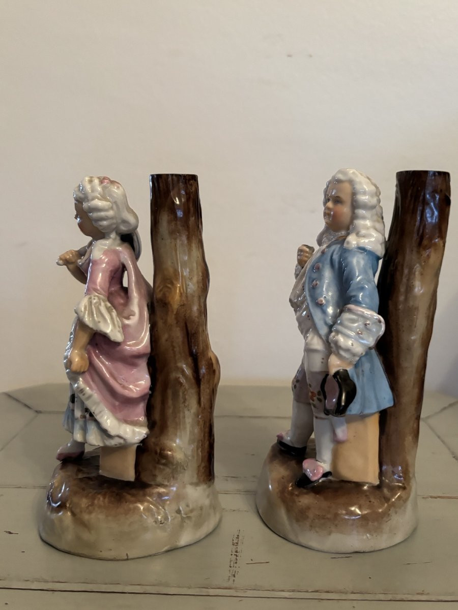 Ancienne paire de sujet en porcelaine : les marquis fin XIX eme siècle, formant bougeoirs-photo-4