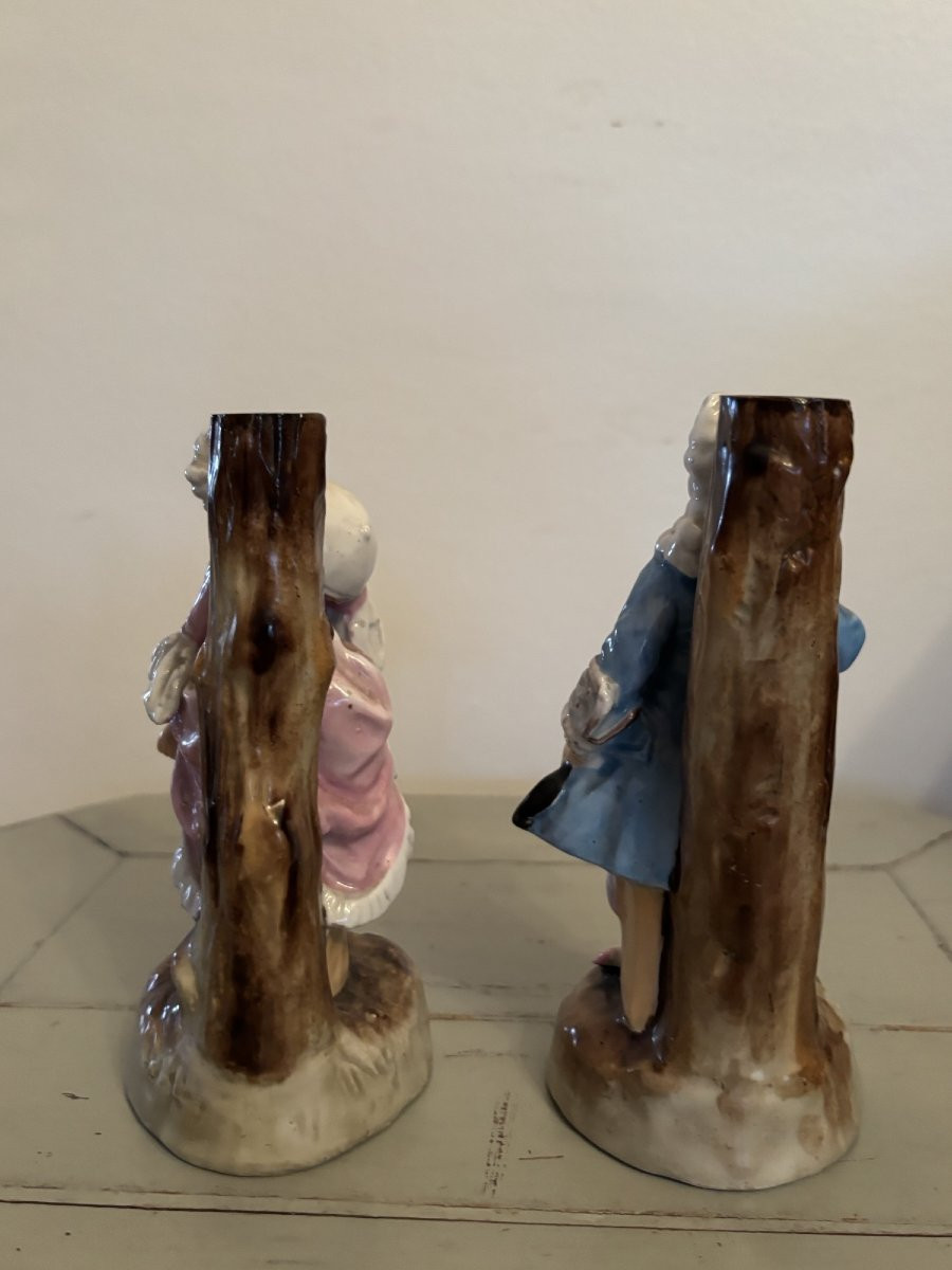 Ancienne paire de sujet en porcelaine : les marquis fin XIX eme siècle, formant bougeoirs-photo-4