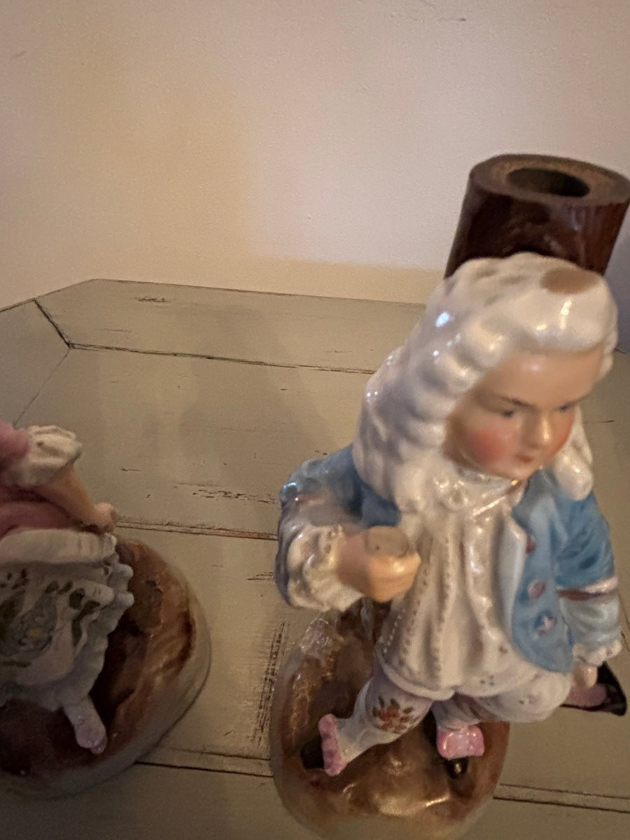 Ancienne paire de sujet en porcelaine : les marquis fin XIX eme siècle, formant bougeoirs-photo-8