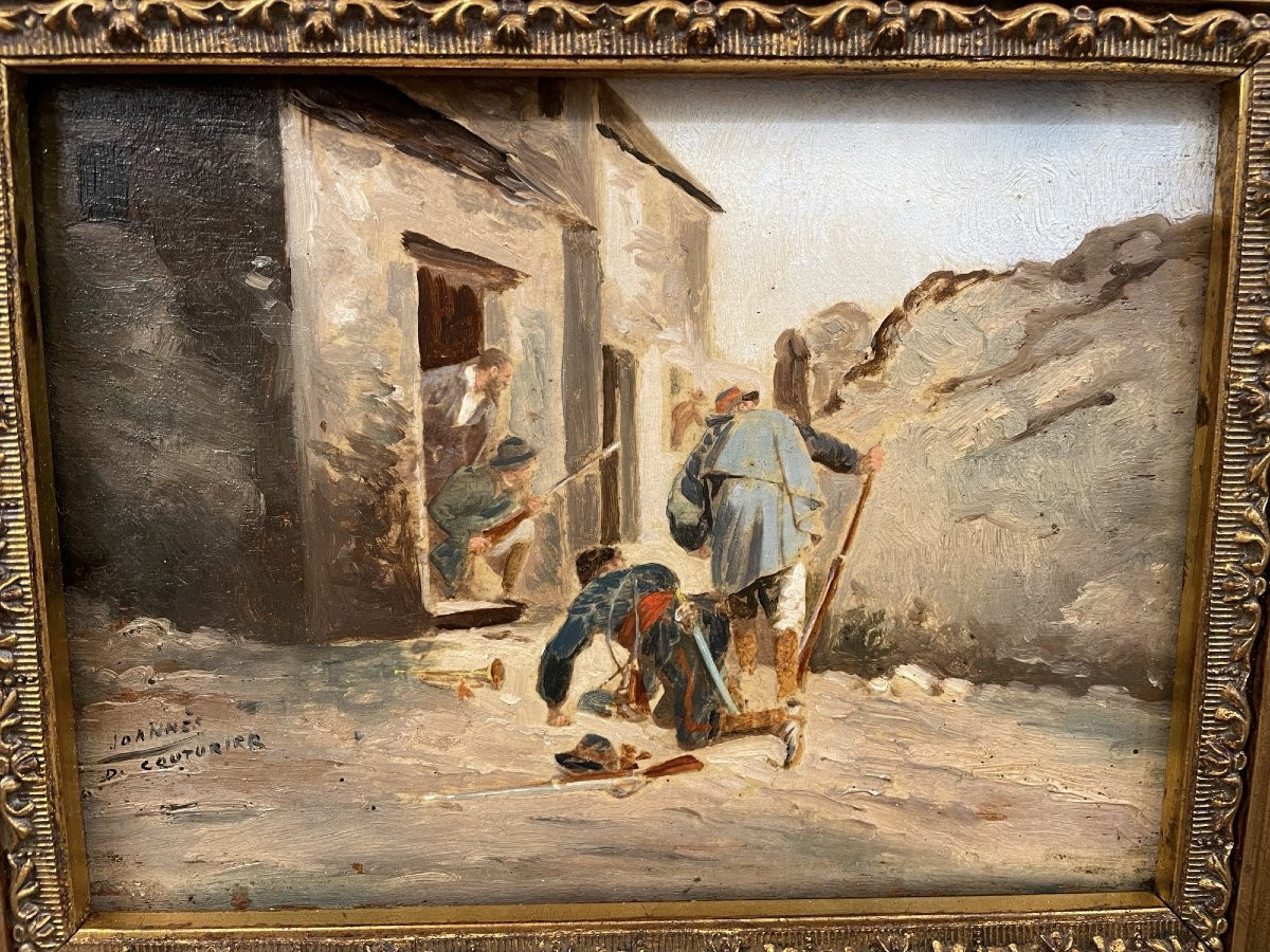 Antique Small Oil Painting On Mahogany Panel: The Ambush, Late 19th Century-photo-4