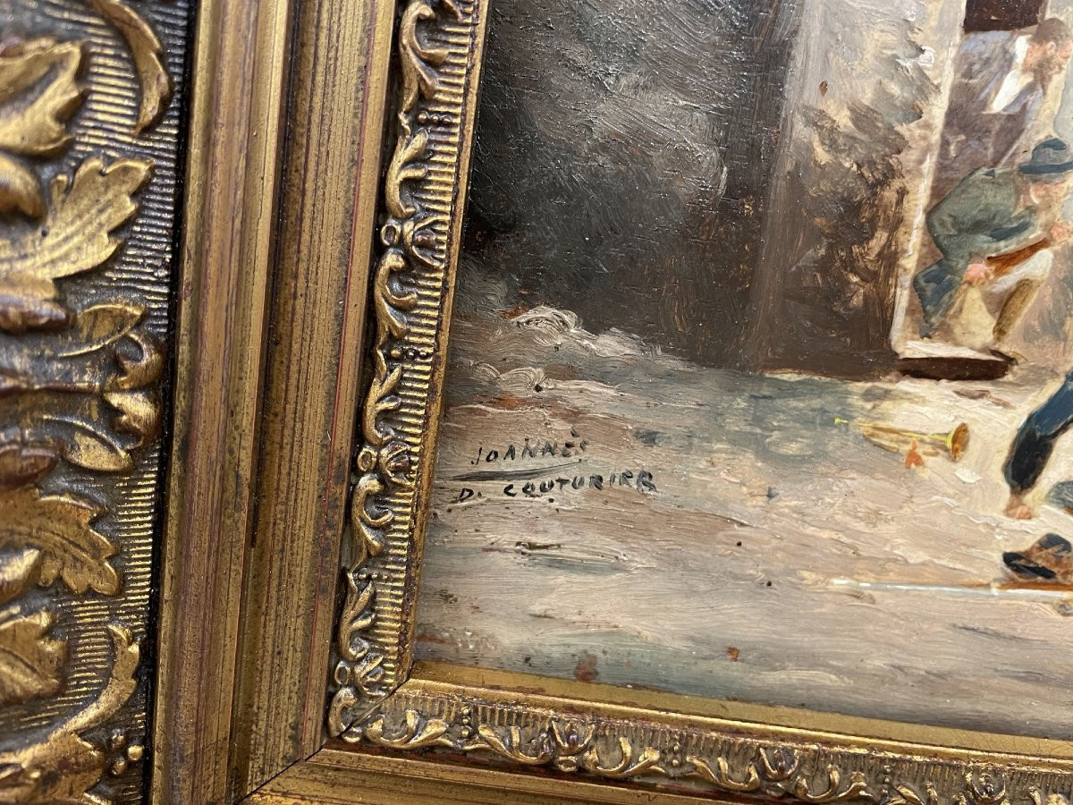 Antique Small Oil Painting On Mahogany Panel: The Ambush, Late 19th Century-photo-5