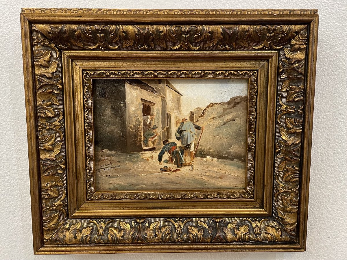 Antique Small Oil Painting On Mahogany Panel: The Ambush, Late 19th Century-photo-6