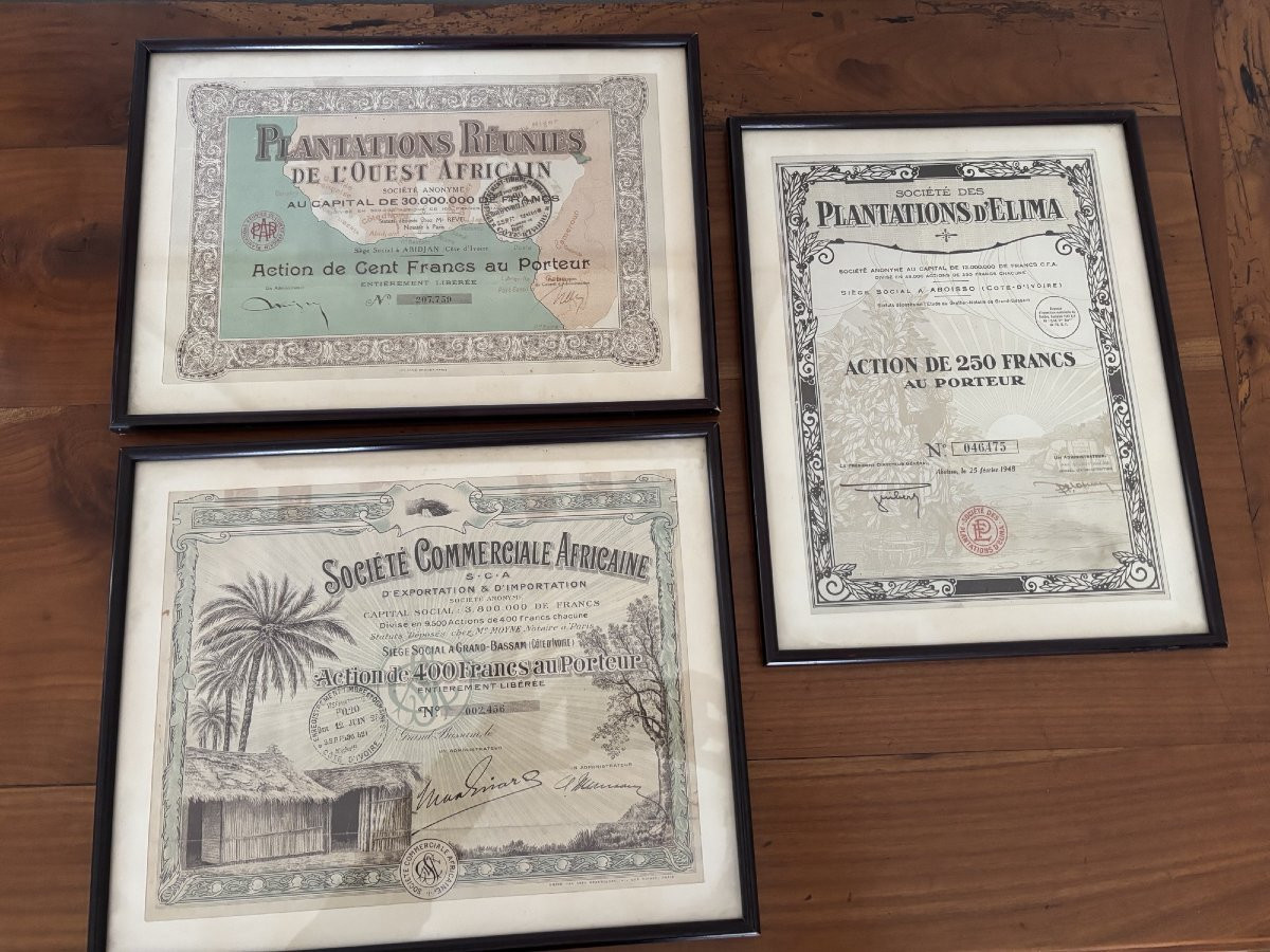 Interesting Set Of 3 Old Framed Shares From Colonial Africa, Dating From The 20th Century.-photo-1