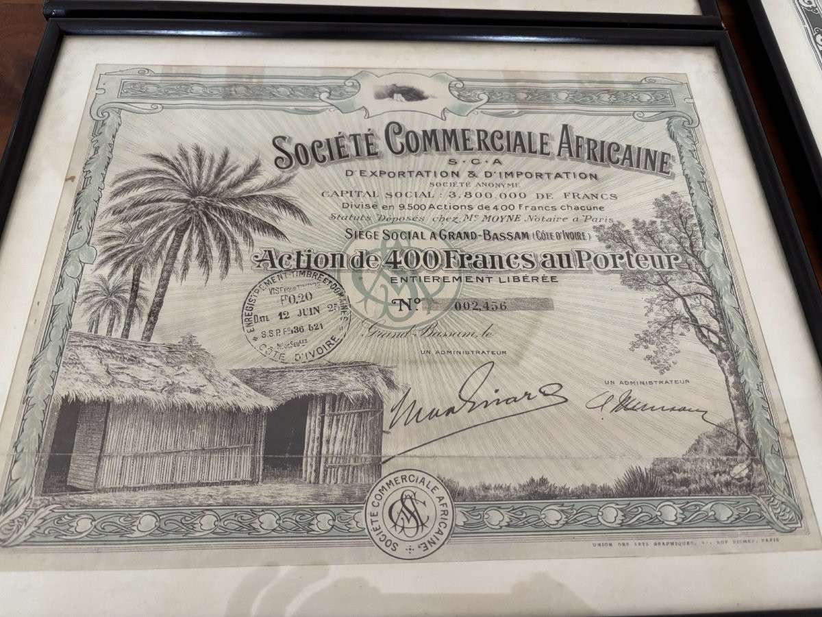 Interesting Set Of 3 Old Framed Shares From Colonial Africa, Dating From The 20th Century.-photo-4