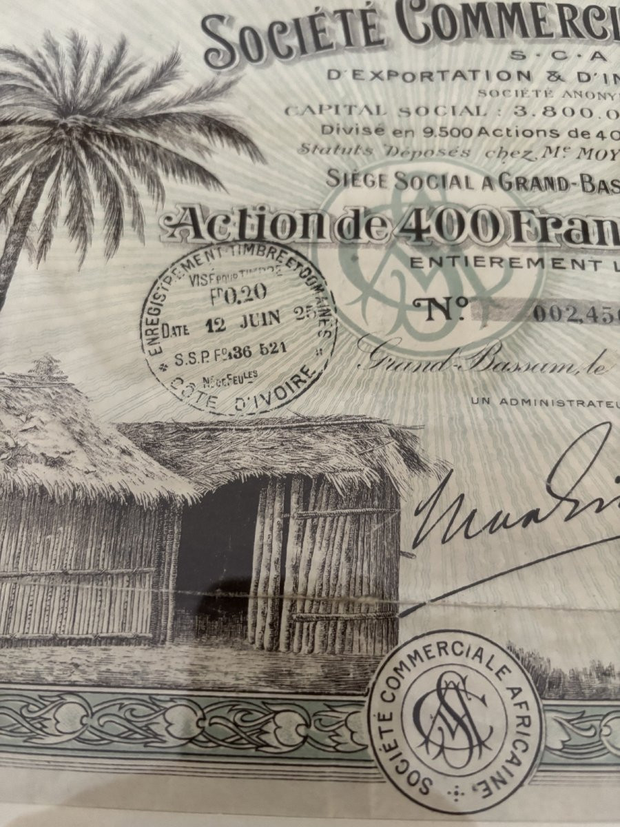 Interesting Set Of 3 Old Framed Shares From Colonial Africa, Dating From The 20th Century.-photo-5