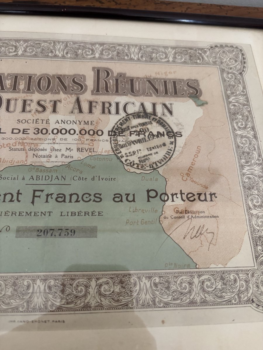 Interesting Set Of 3 Old Framed Shares From Colonial Africa, Dating From The 20th Century.-photo-7