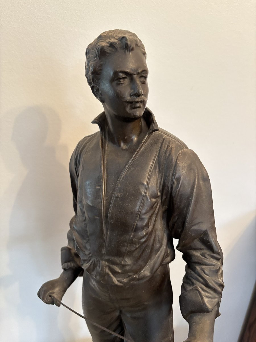 L'escrimeur grande statue regule patine bronze fin XIX eme siècle attribué à Charles Masse 58cm-photo-4