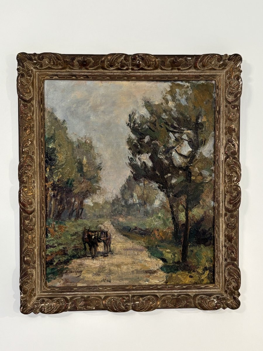Le chemin par Edouard Lefort-Magniez ancien tableau impressionniste debut XX eme huile sur bois-photo-2