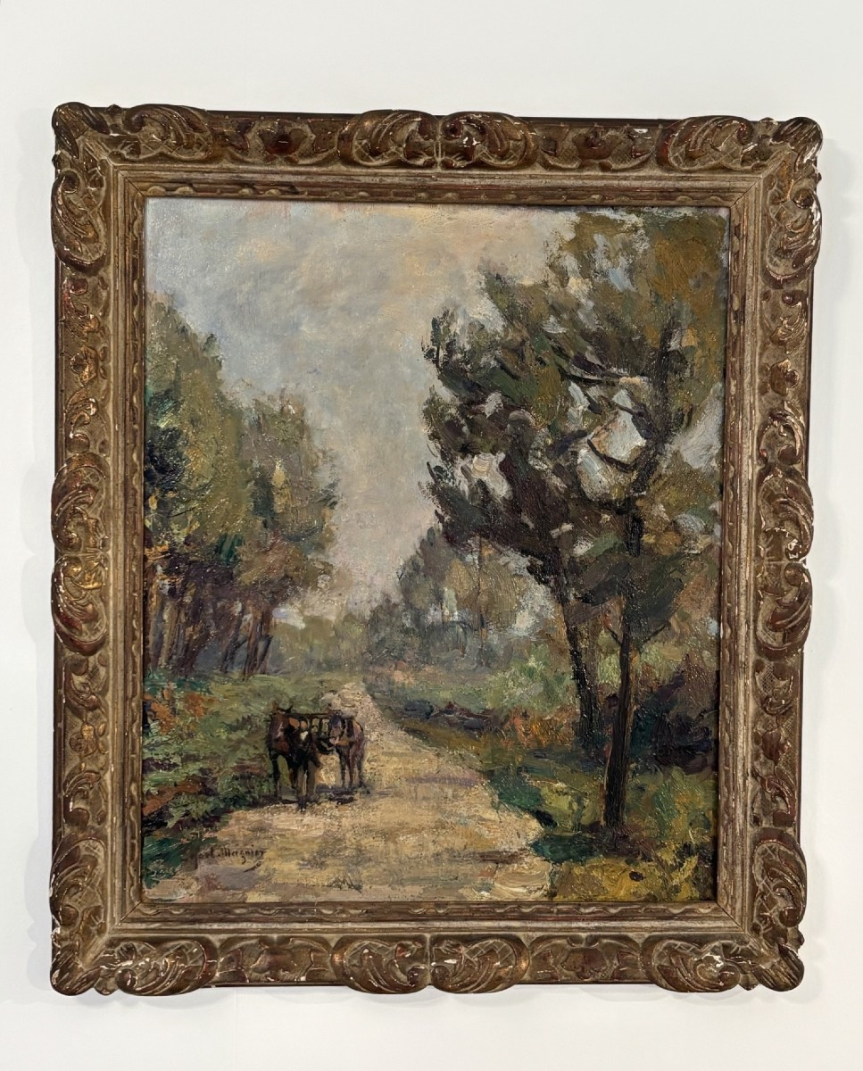 Le chemin par Edouard Lefort-Magniez ancien tableau impressionniste debut XX eme huile sur bois