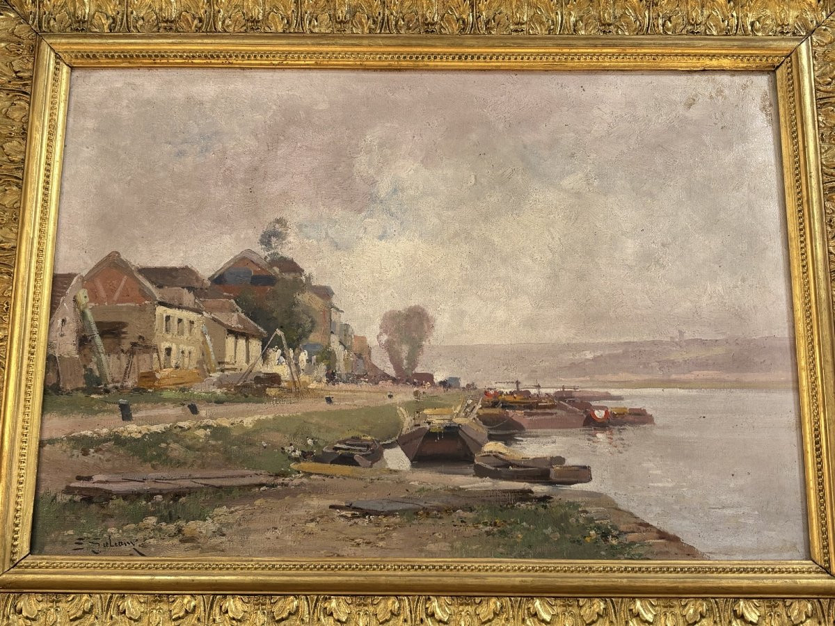 Antique Painting, Oil On Canvas, Banks Of The Seine By Galien Laloue, Impressionist -photo-4