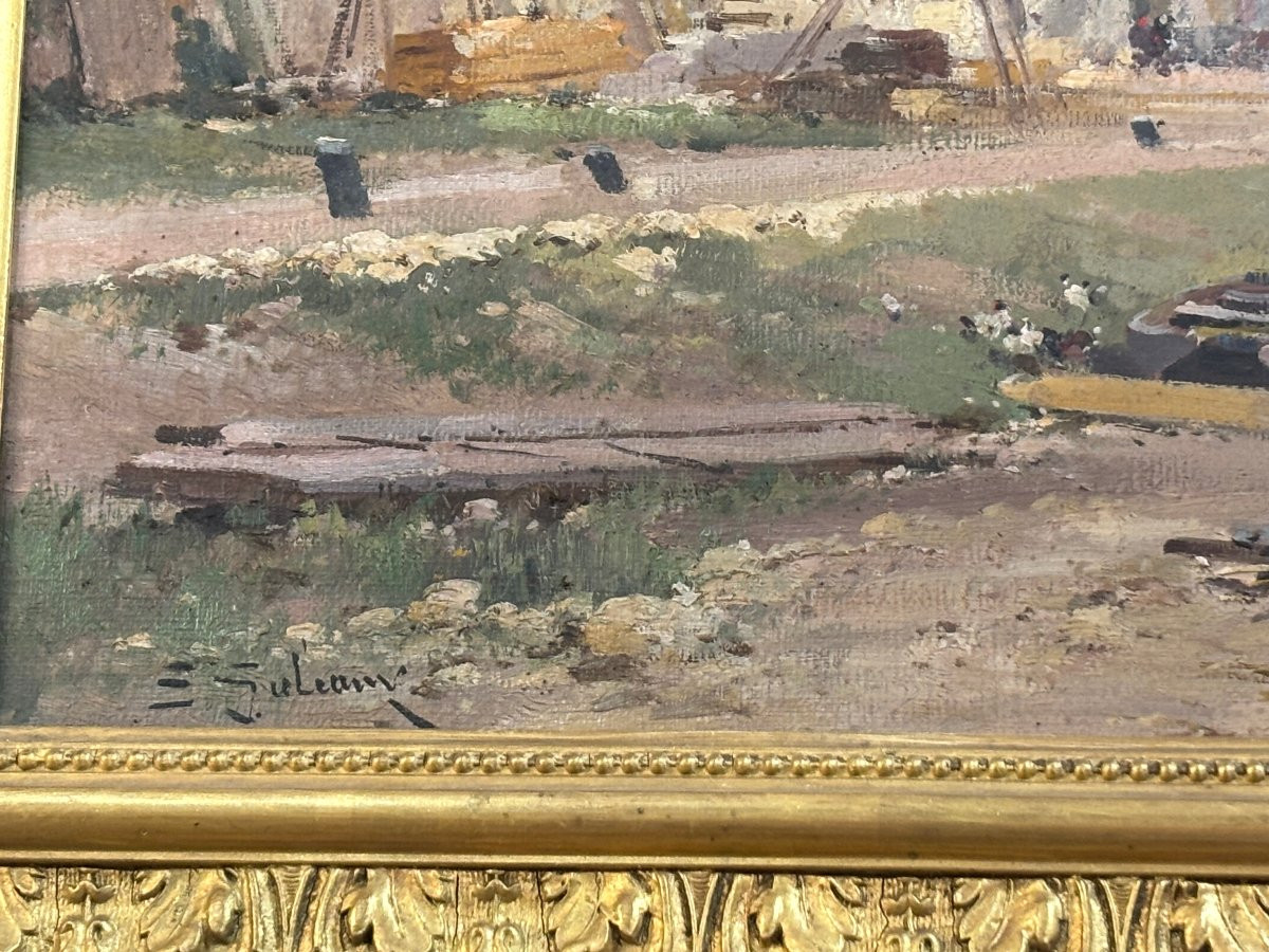 Antique Painting, Oil On Canvas, Banks Of The Seine By Galien Laloue, Impressionist -photo-3