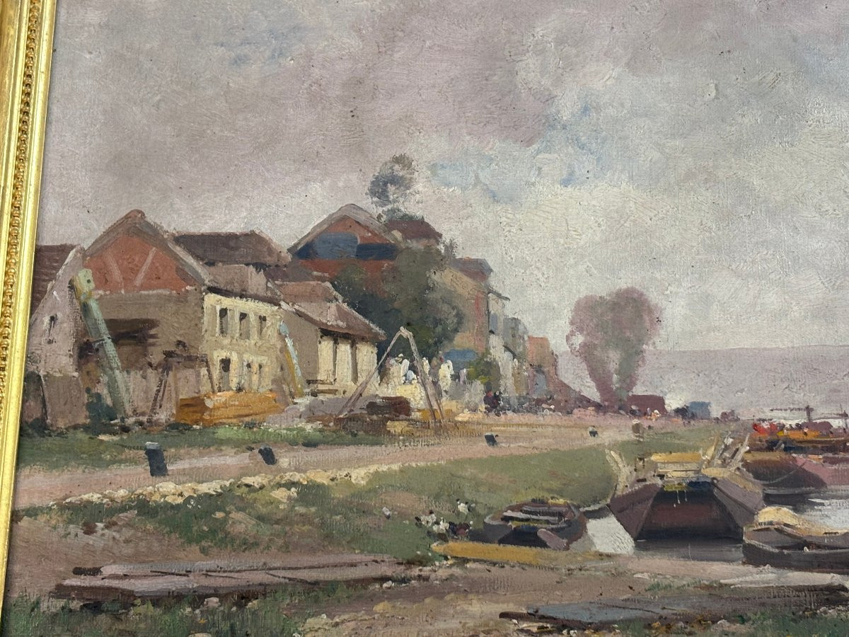 Antique Painting, Oil On Canvas, Banks Of The Seine By Galien Laloue, Impressionist -photo-4