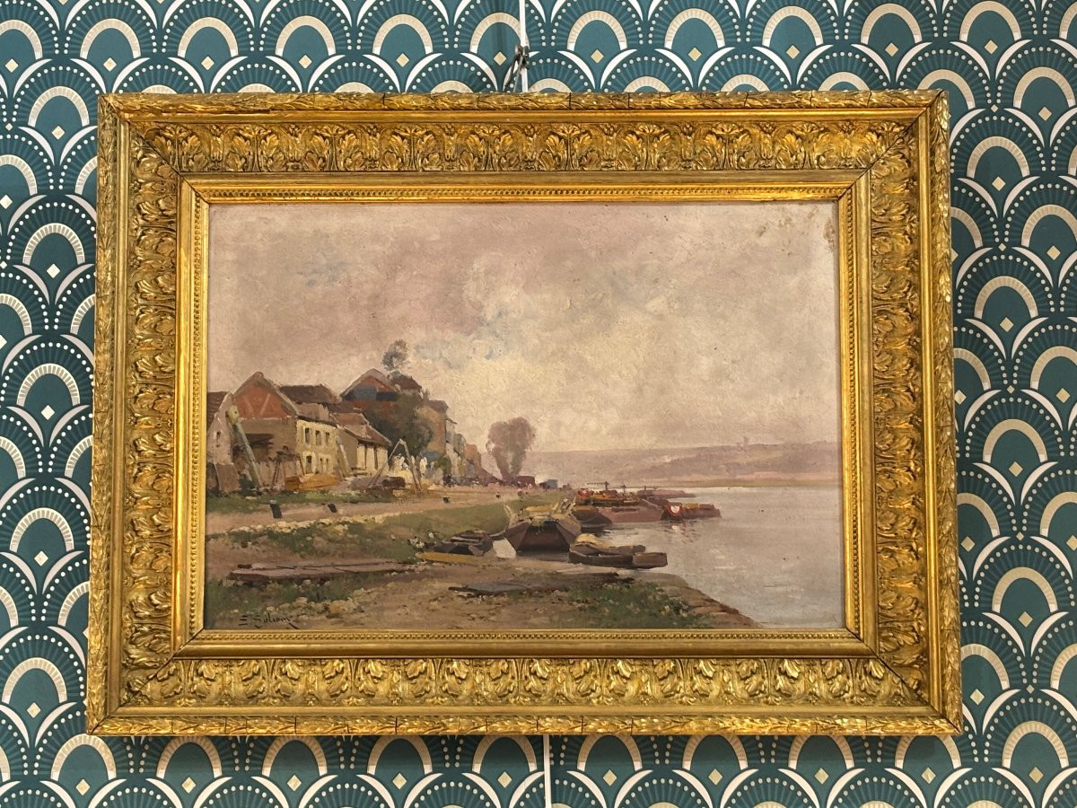 Antique Painting, Oil On Canvas, Banks Of The Seine By Galien Laloue, Impressionist -photo-5