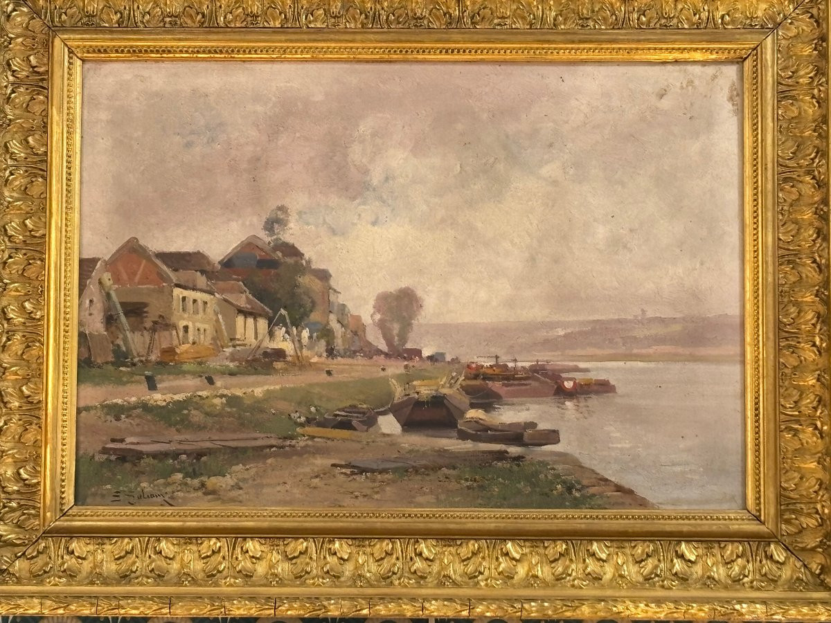 Antique Painting, Oil On Canvas, Banks Of The Seine By Galien Laloue, Impressionist -photo-6