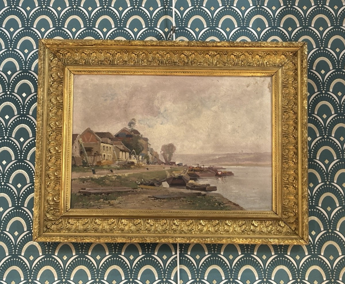 Antique Painting, Oil On Canvas, Banks Of The Seine By Galien Laloue, Impressionist 