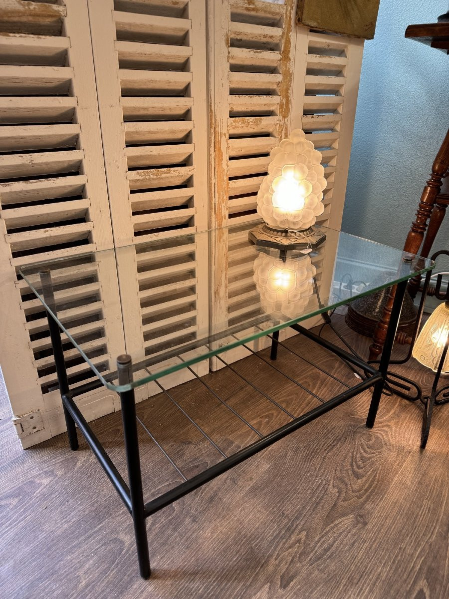 Antique Small Vintage Coffee Table In The Style Of Pierre Guariche, Antique Glass, 20th Century-photo-2