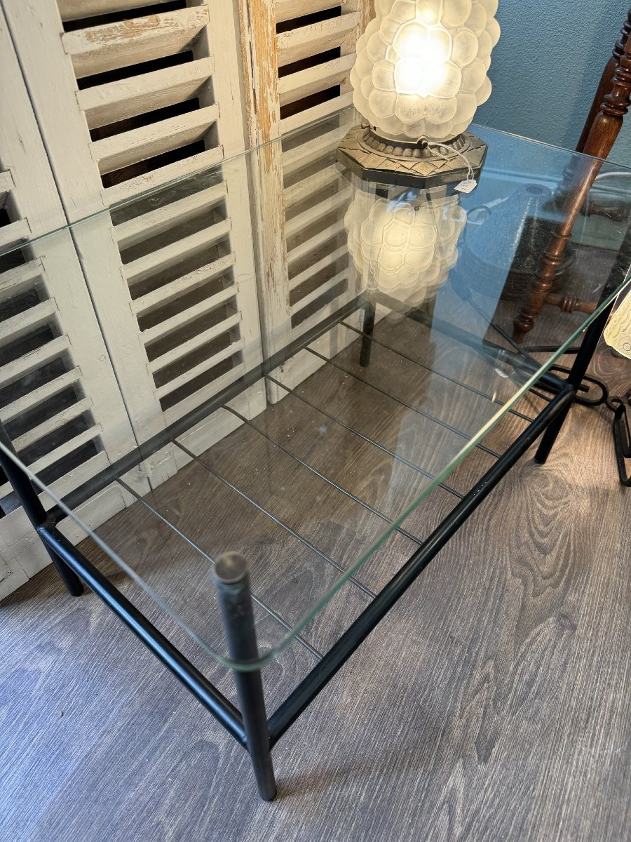 Antique Small Vintage Coffee Table In The Style Of Pierre Guariche, Antique Glass, 20th Century-photo-3