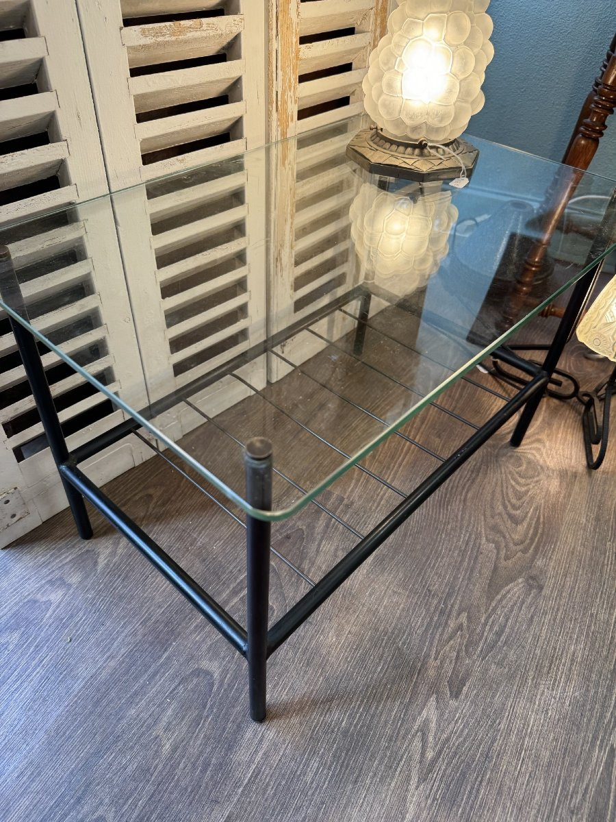 Antique Small Vintage Coffee Table In The Style Of Pierre Guariche, Antique Glass, 20th Century-photo-5