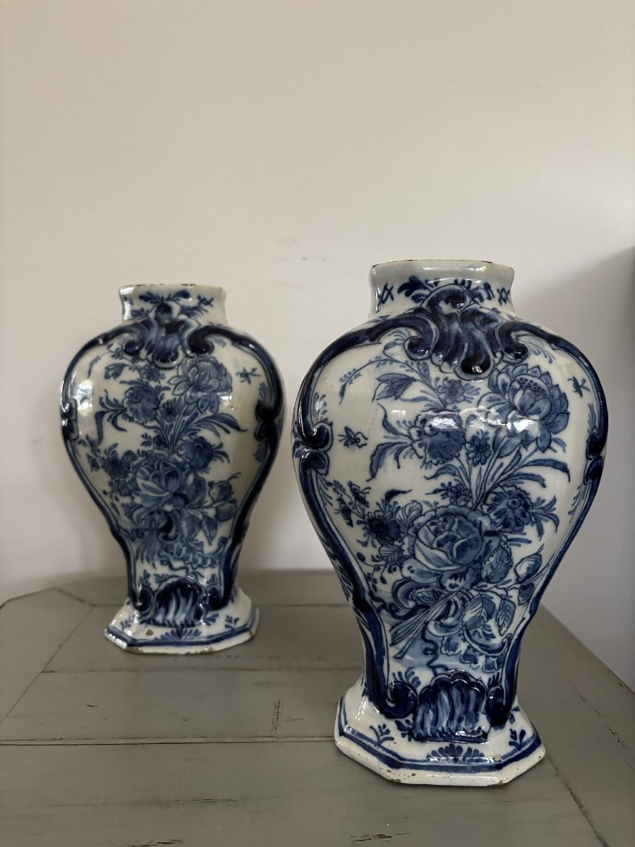 Antique Pair Of So-called Baluster Vases In Delftware, Late 18th Century -photo-2