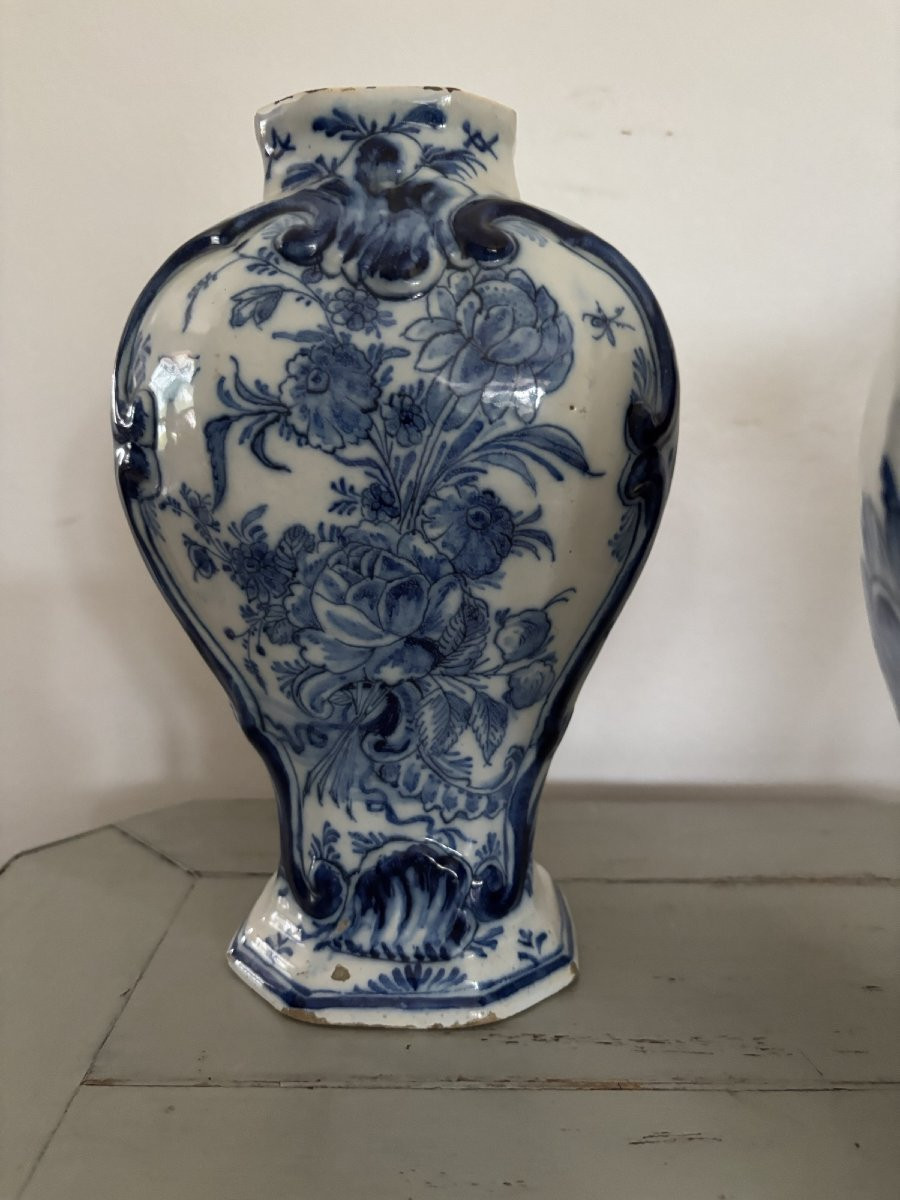 Antique Pair Of So-called Baluster Vases In Delftware, Late 18th Century -photo-3