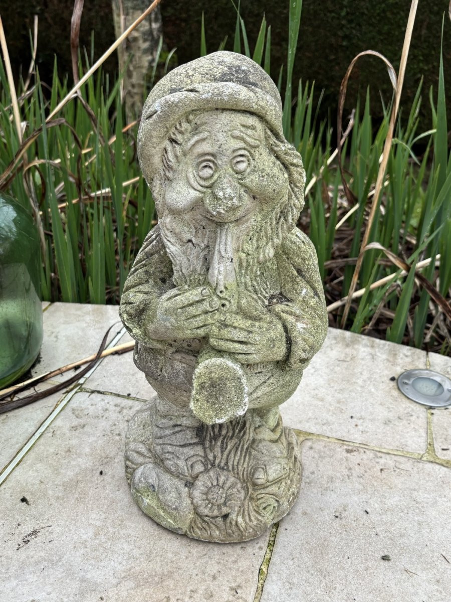 Antique Garden Gnome Sculpture In Reconstituted Stone, 20th Century Vintage-photo-2