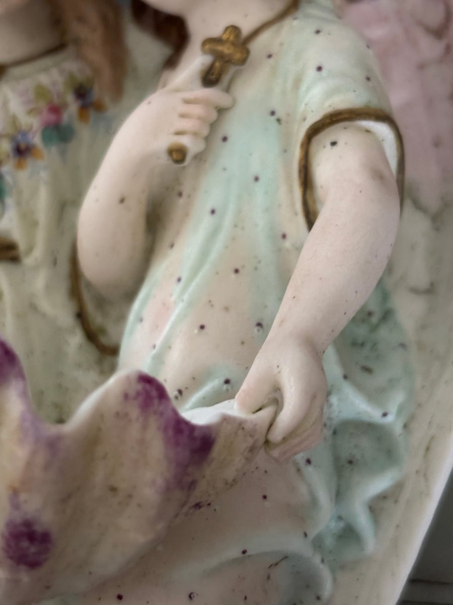 Antique Late 19th-century Polychrome Biscuit Porcelain Holy Water Font With Two Angels, In Good Condition.-photo-7