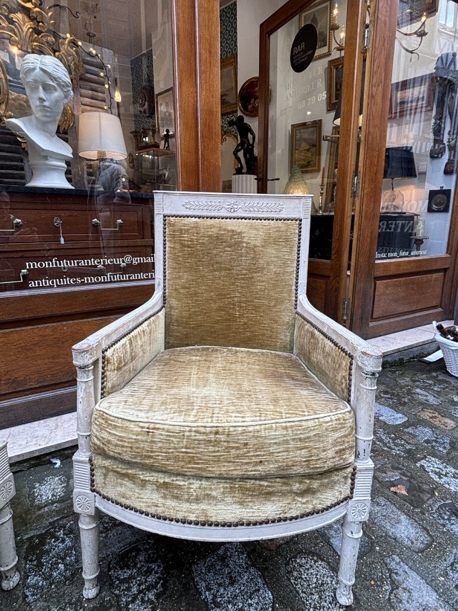 Antique Pair Of Bergère Armchairs, 18th Century Louis XVI Directoire Period, Lacquered Wood -photo-2