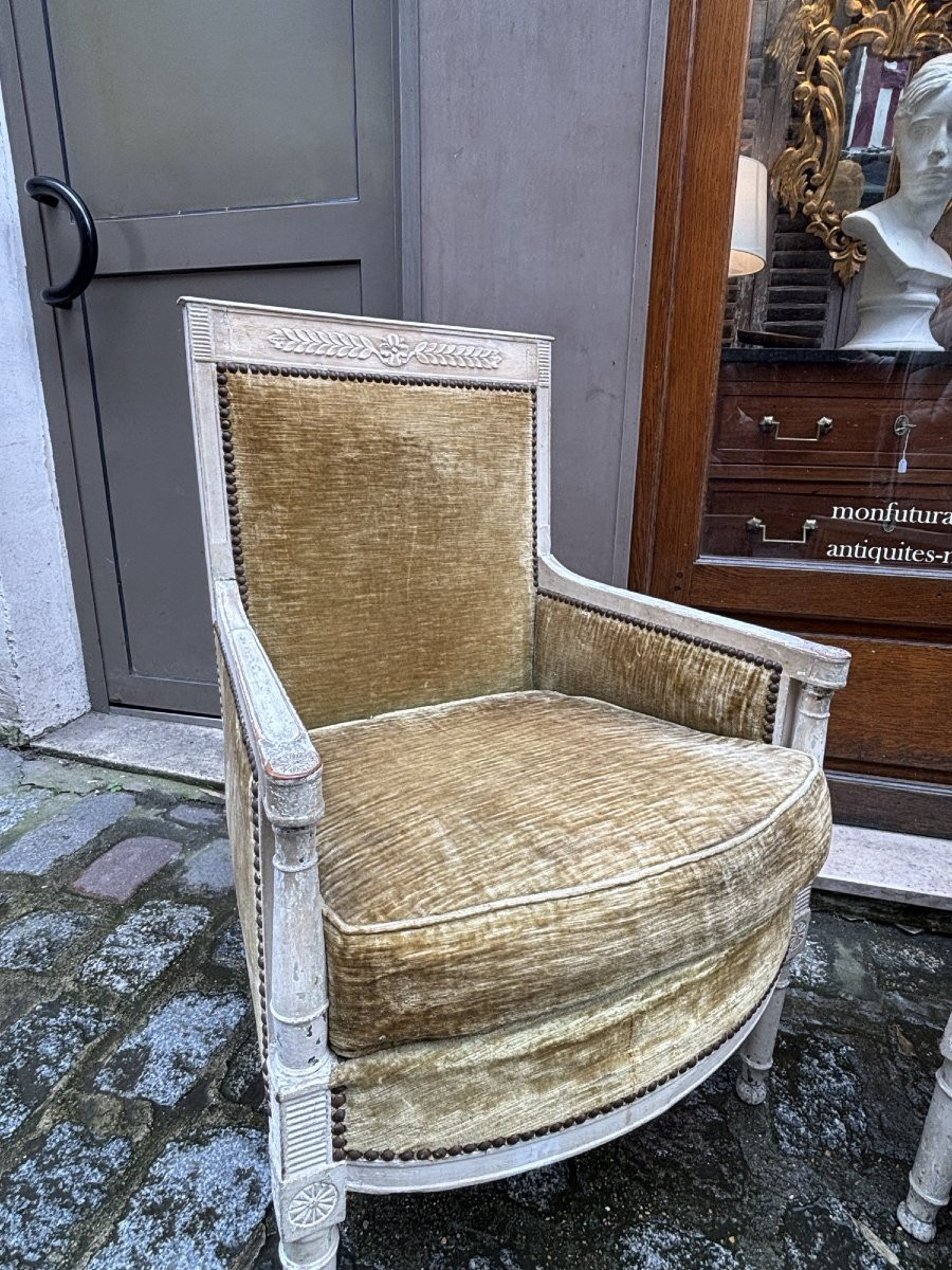 Antique Pair Of Bergère Armchairs, 18th Century Louis XVI Directoire Period, Lacquered Wood -photo-1