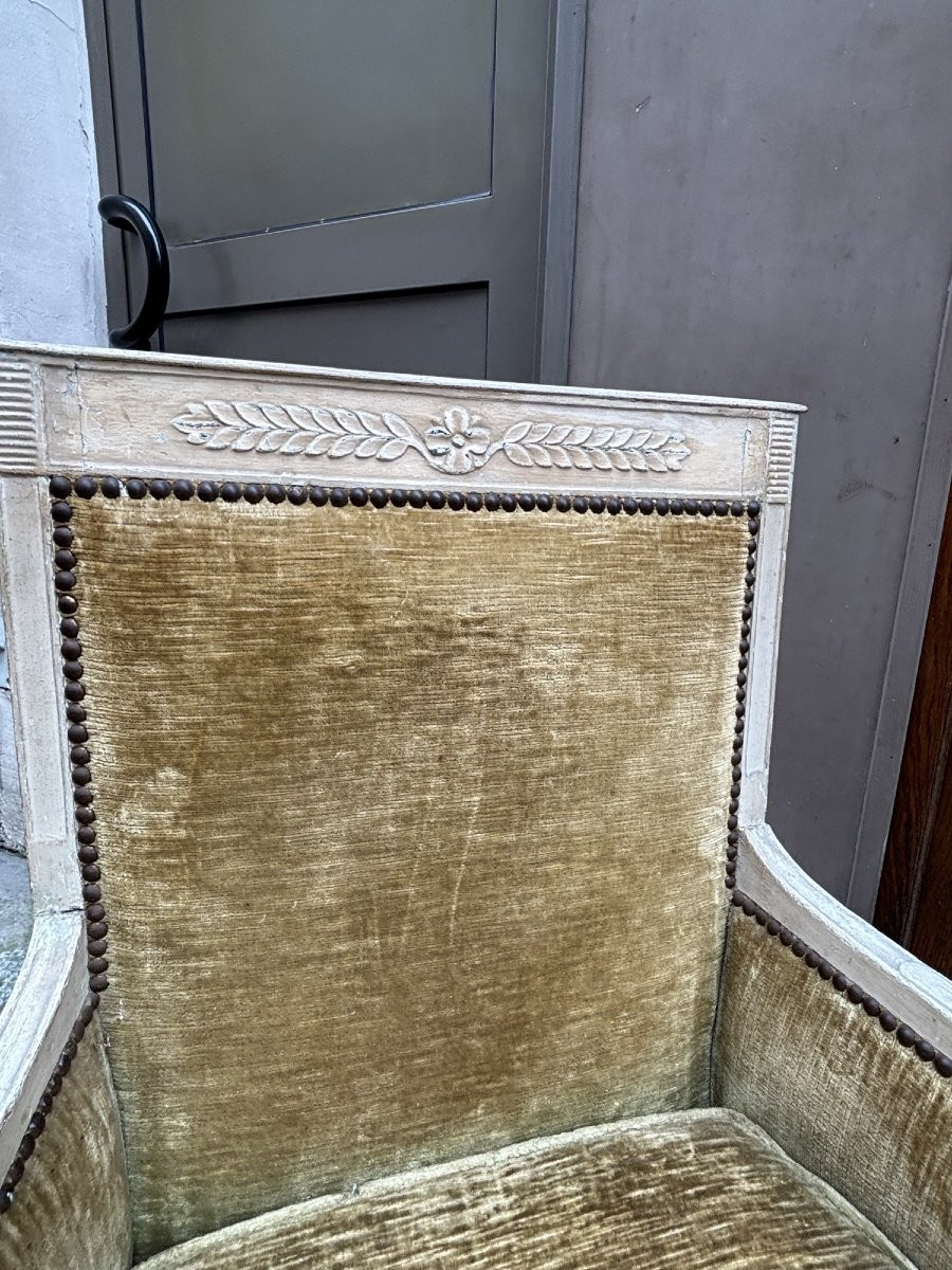 Antique Pair Of Bergère Armchairs, 18th Century Louis XVI Directoire Period, Lacquered Wood -photo-2