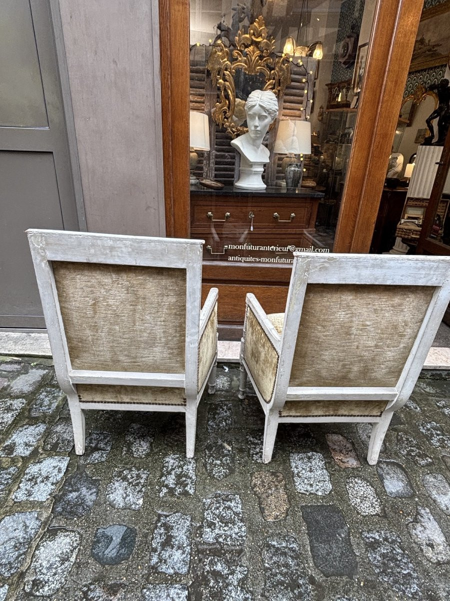Antique Pair Of Bergère Armchairs, 18th Century Louis XVI Directoire Period, Lacquered Wood -photo-3