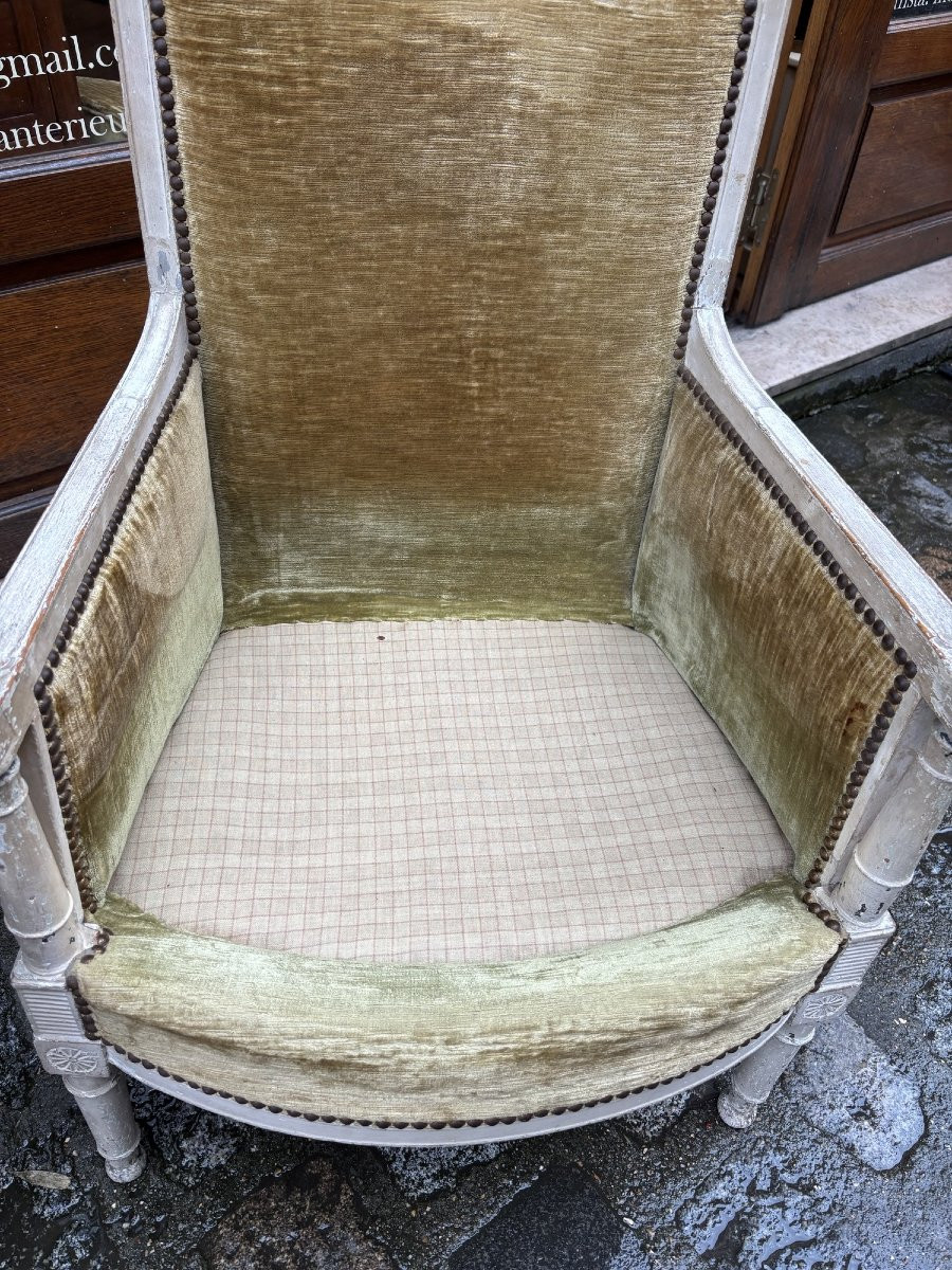 Antique Pair Of Bergère Armchairs, 18th Century Louis XVI Directoire Period, Lacquered Wood -photo-5