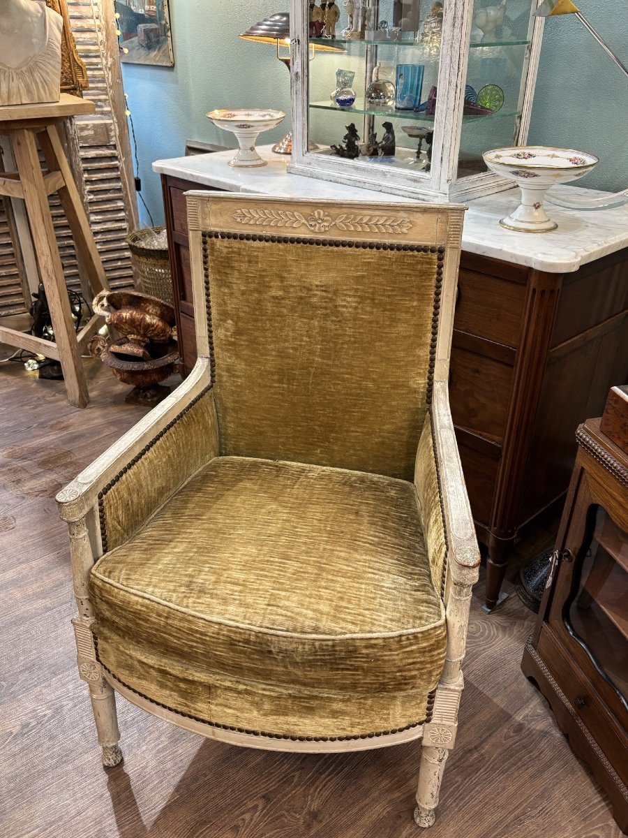 Antique Pair Of Bergère Armchairs, 18th Century Louis XVI Directoire Period, Lacquered Wood -photo-7