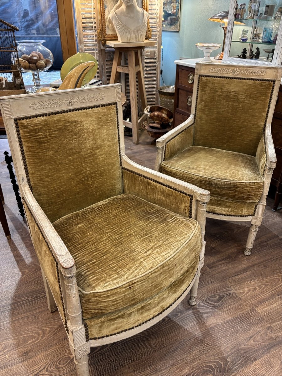 Antique Pair Of Bergère Armchairs, 18th Century Louis XVI Directoire Period, Lacquered Wood -photo-8