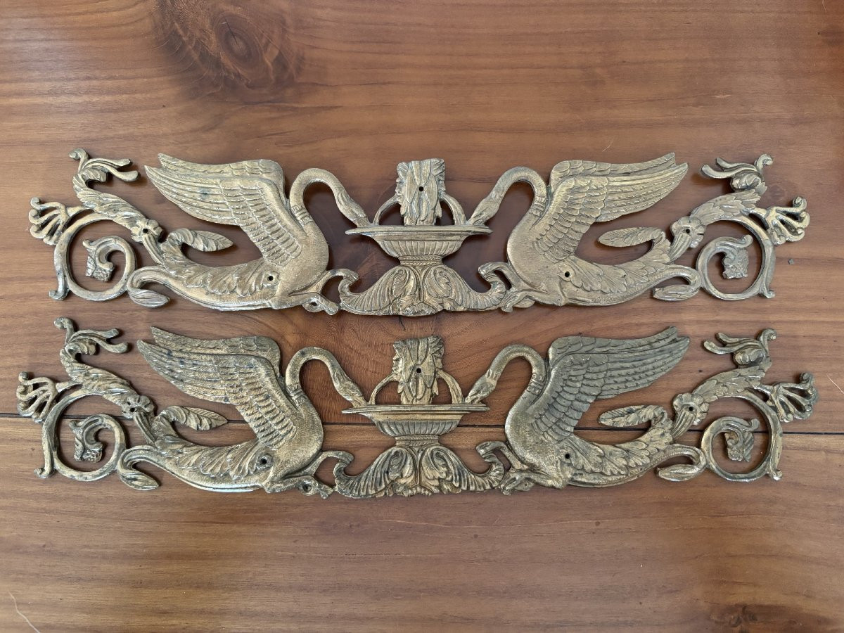 Pair Of Bronze Ornaments Decorated With Swans, Empire Style, Signed Louis Noel -photo-2