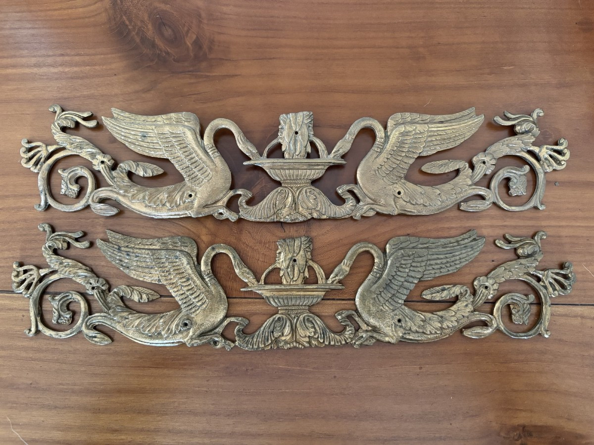 Pair Of Bronze Ornaments Decorated With Swans, Empire Style, Signed Louis Noel 
