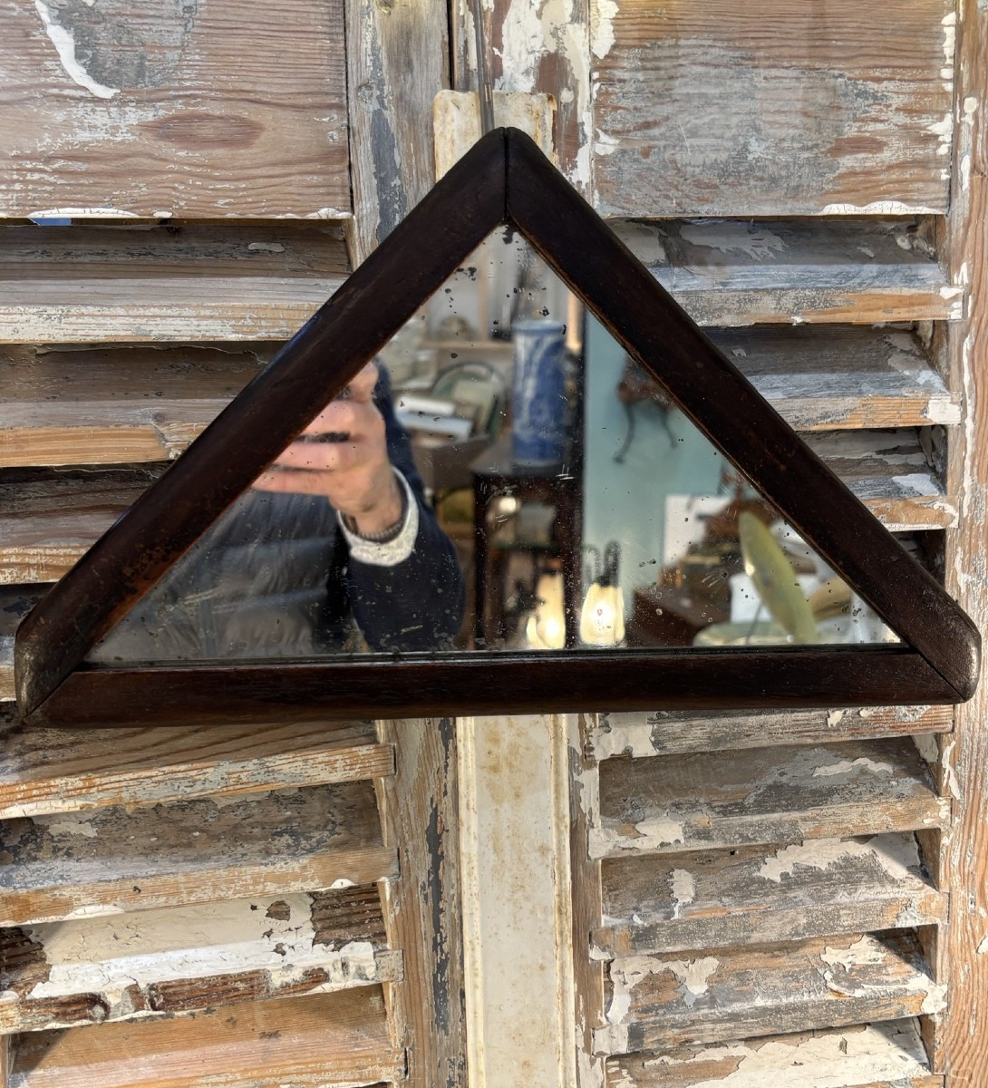 Antique And Very Interesting Small Triangular Mirror, 19th Century, Patinated Wooden Frame