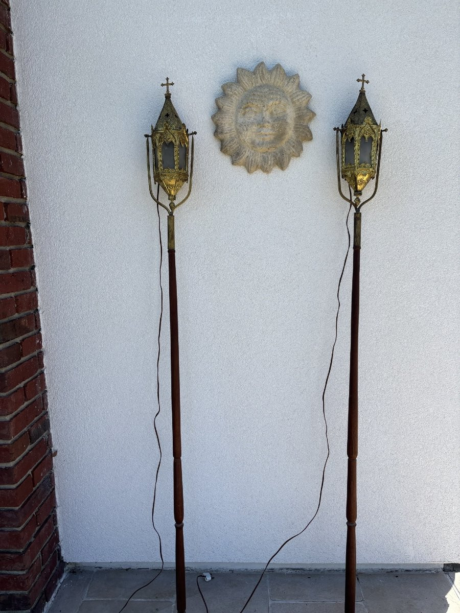 Ancienne paire de lanternes de procession en métal doté vers 1890 1900 electrifiées-photo-2