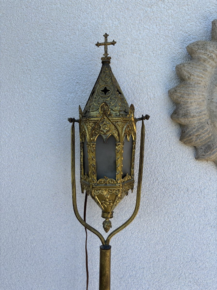 Ancienne paire de lanternes de procession en métal doté vers 1890 1900 electrifiées-photo-3
