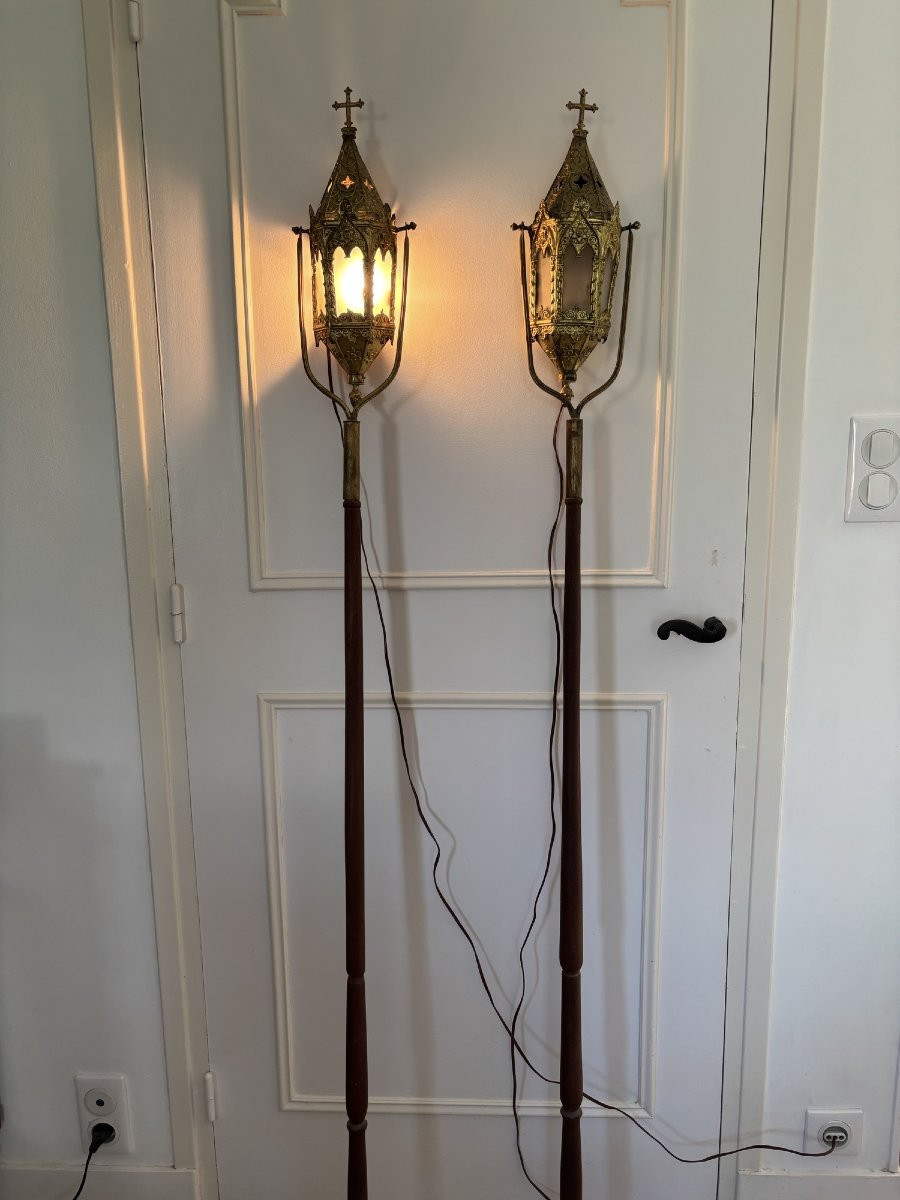 Ancienne paire de lanternes de procession en métal doté vers 1890 1900 electrifiées-photo-1