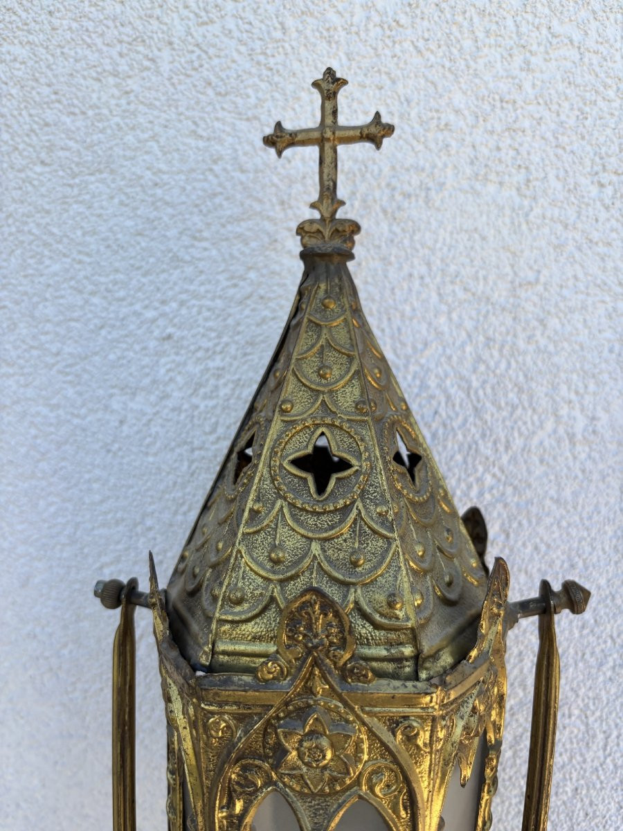 Ancienne paire de lanternes de procession en métal doté vers 1890 1900 electrifiées-photo-7