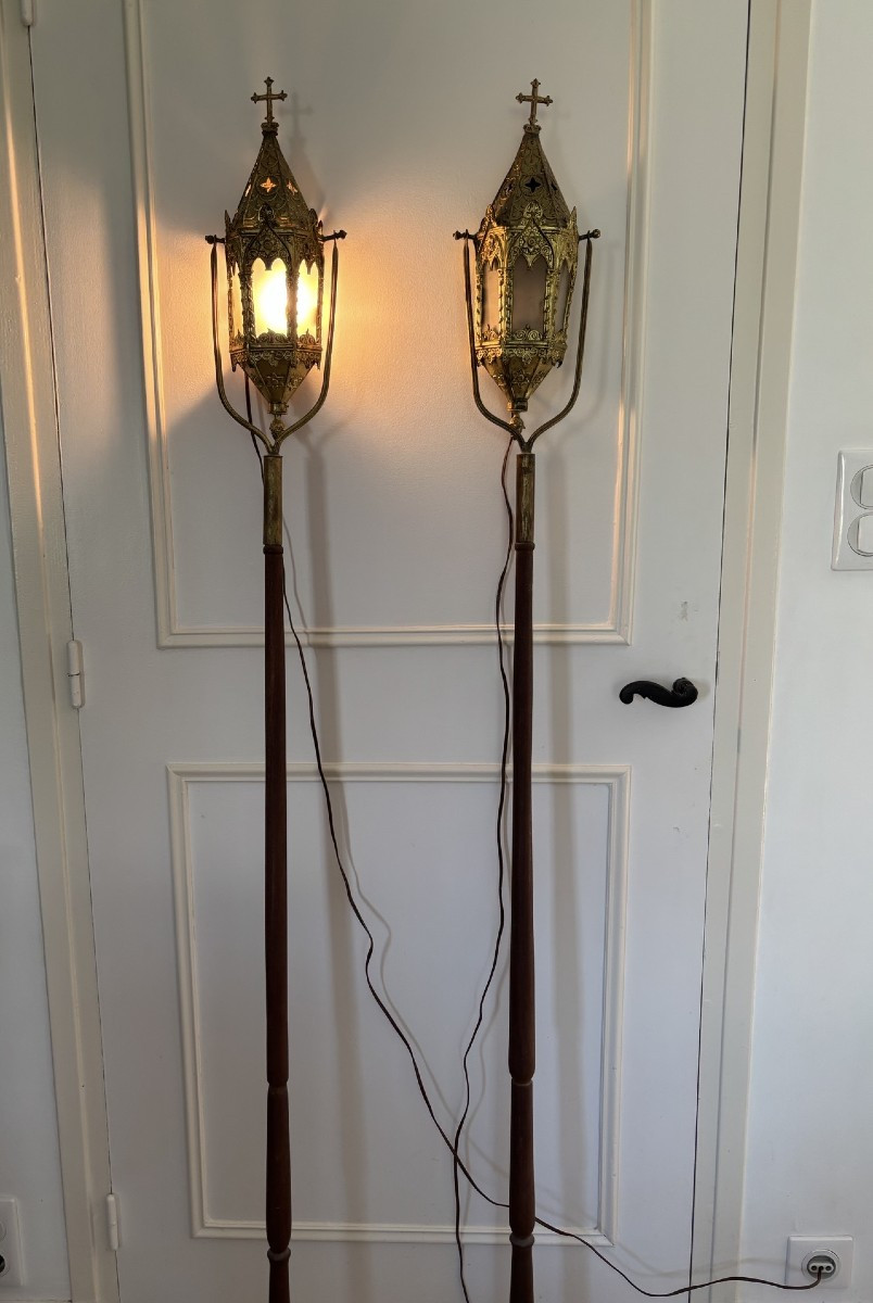 Ancienne paire de lanternes de procession en métal doté vers 1890 1900 electrifiées