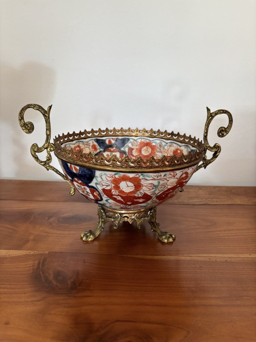 Antique Imari Porcelain Bowl, China, Late 19th Century, Bronze And Brass Mount-photo-2