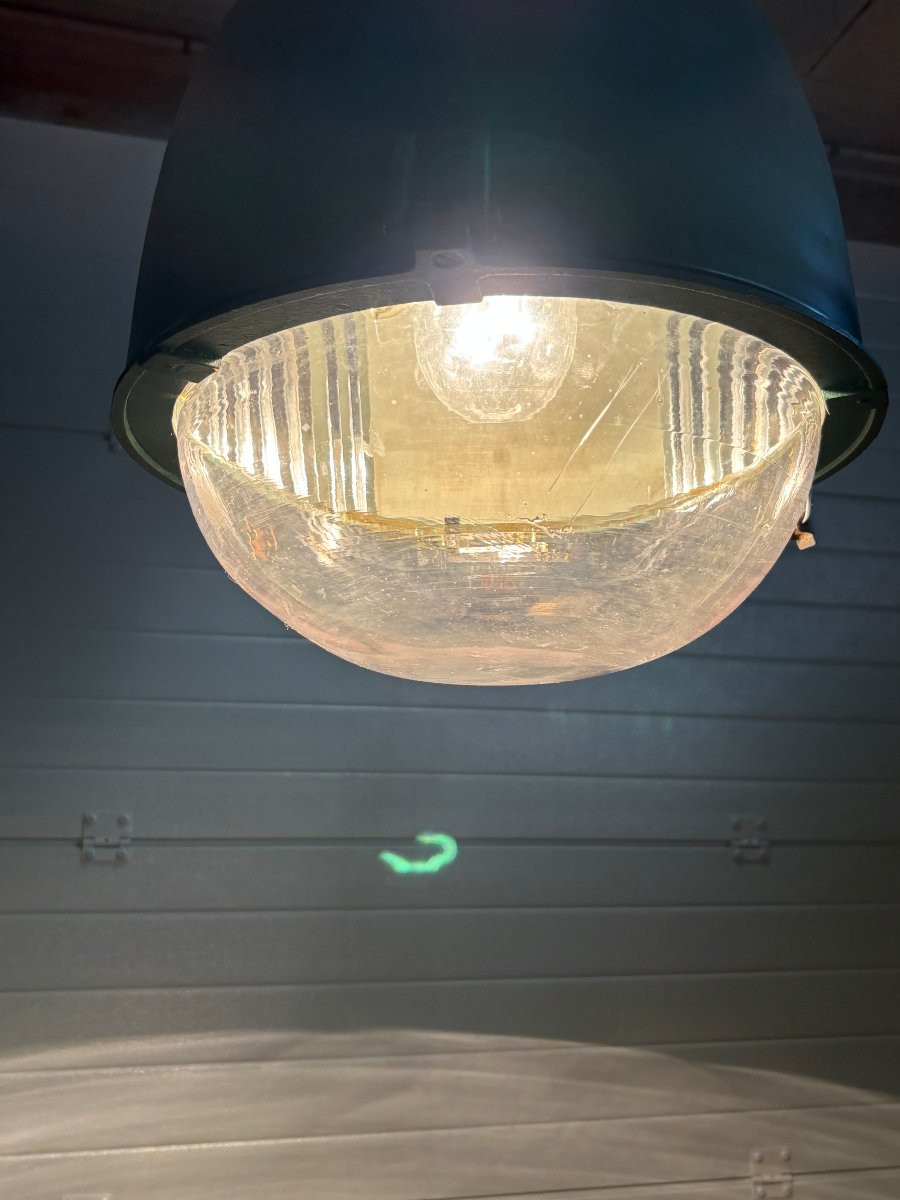 Ancienne et grande lanterne industrielle en tole verte Philips NVF vers 1950 lustre loft indus-photo-2