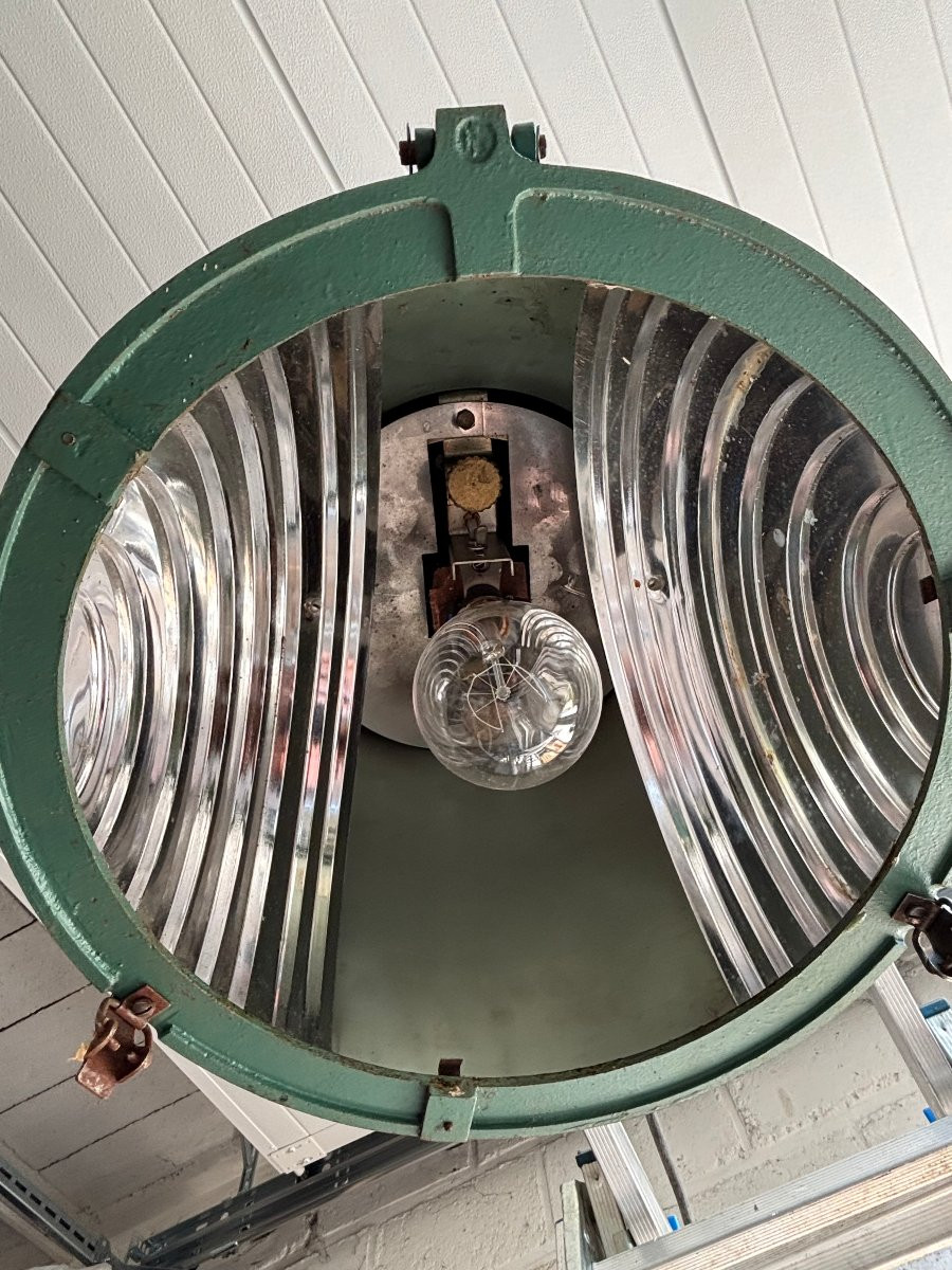 Ancienne et grande lanterne industrielle en tole verte Philips NVF vers 1950 lustre loft indus-photo-1