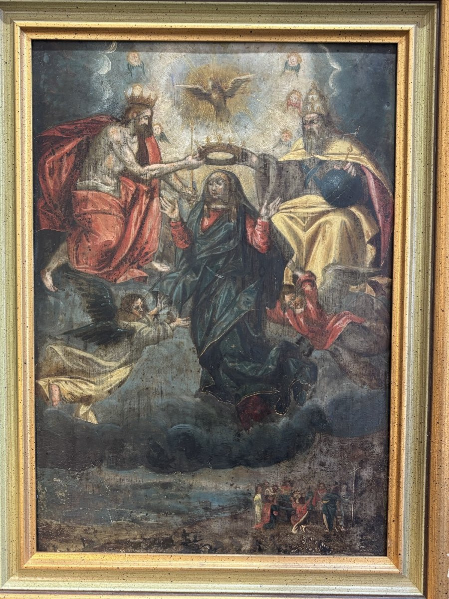 Ancien tableau à l'huile sur cuivre epoque XVII eme siecle ecole flamande couronnement vierge-photo-3