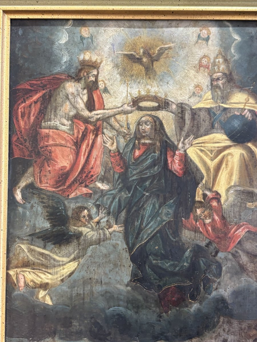 Ancien tableau à l'huile sur cuivre epoque XVII eme siecle ecole flamande couronnement vierge-photo-5