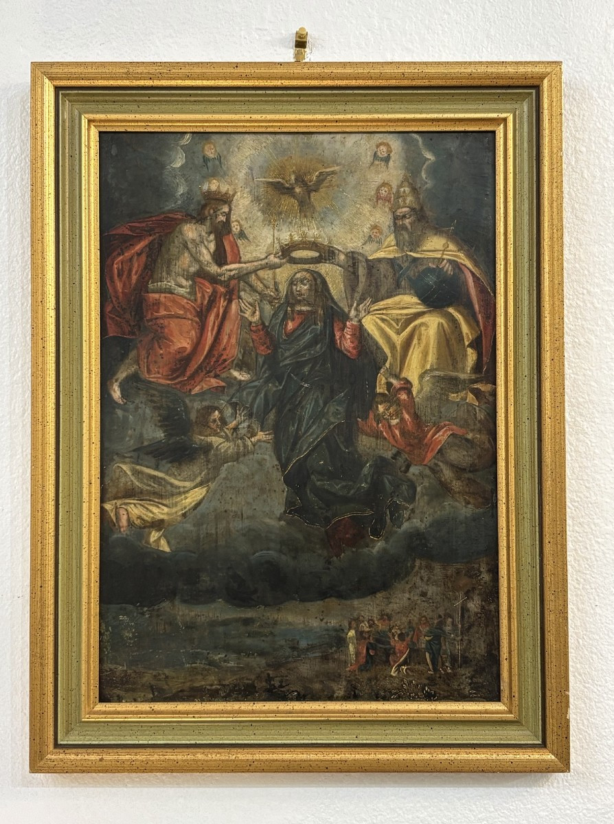 Ancien tableau à l'huile sur cuivre epoque XVII eme siecle ecole flamande couronnement vierge