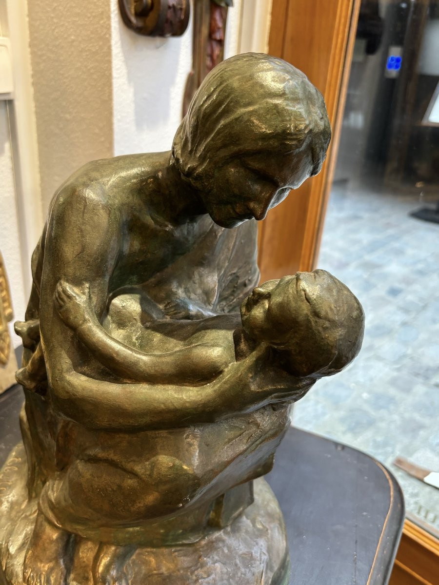 Antique Bronze With A Green Patina, Beautiful Statue Circa 1925, "maternity" By J. Ebstein, "tenderness" -photo-3