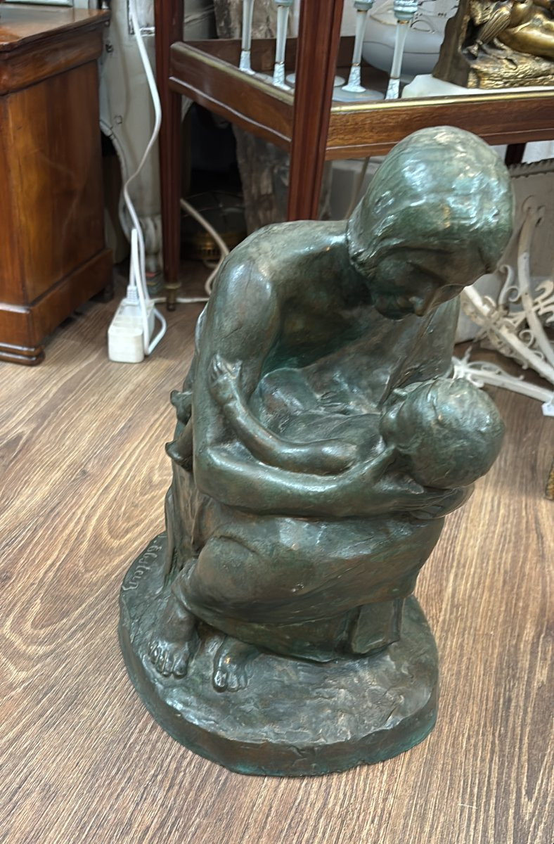 Antique Bronze With A Green Patina, Beautiful Statue Circa 1925, "maternity" By J. Ebstein, "tenderness" -photo-1