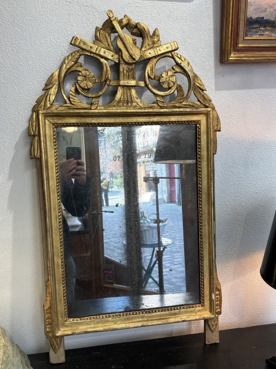 Antique Large Louis XVI Giltwood Mirror, Late 18th Century, With Musical Attributes